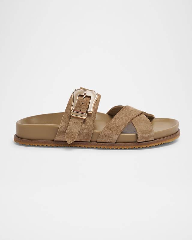 Suede Buckle Crisscross Slide Sandals
